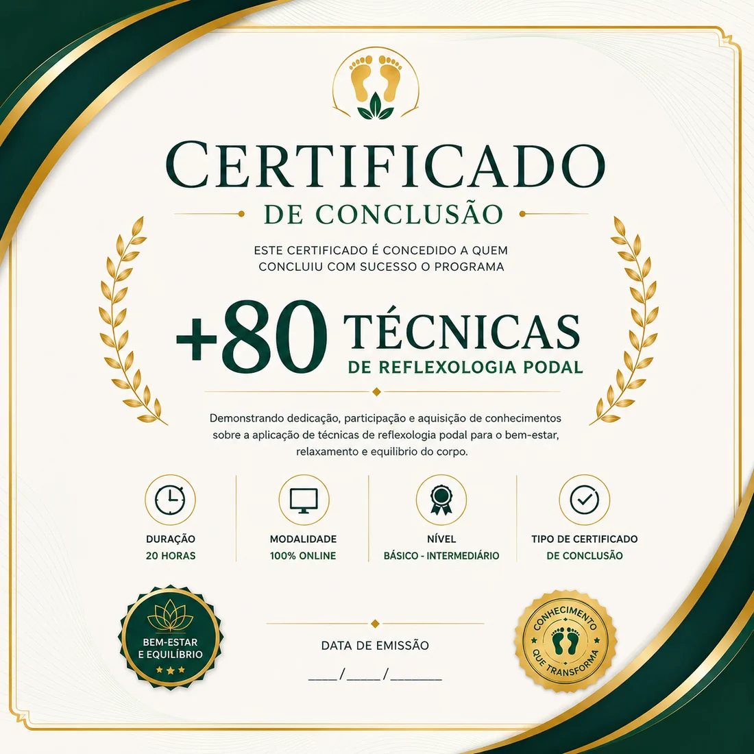 Certificado de Conclusão +80 Técnicas de Reflexologia Podal
